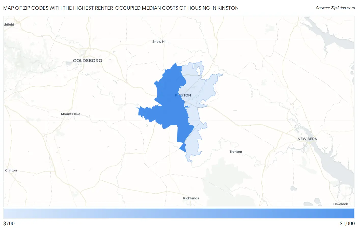 Zip Codes with the Highest Renter-Occupied Median Costs of Housing in Kinston Map