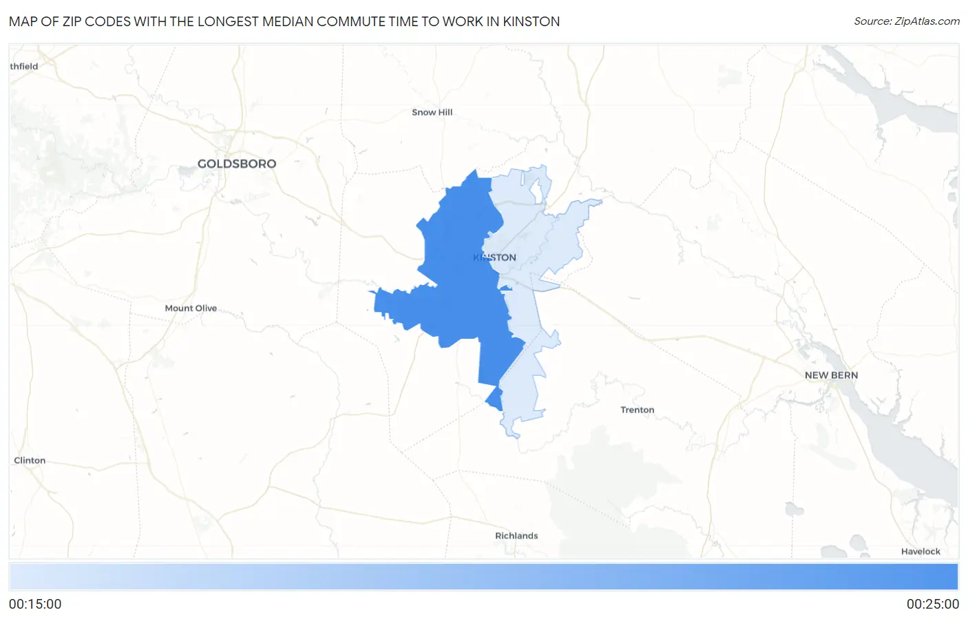 Zip Codes with the Longest Median Commute Time to Work in Kinston Map