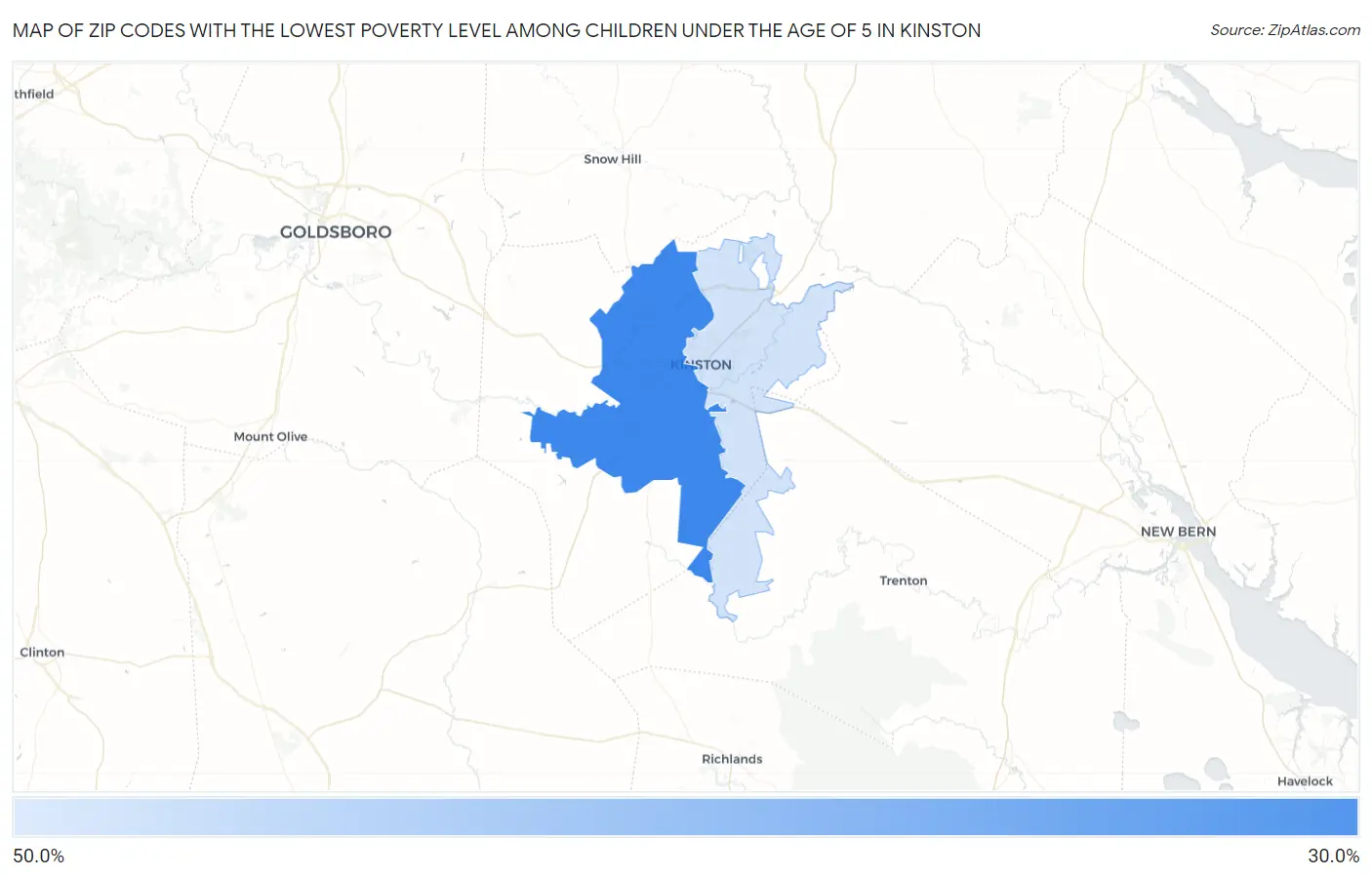 Zip Codes with the Lowest Poverty Level Among Children Under the Age of 5 in Kinston Map