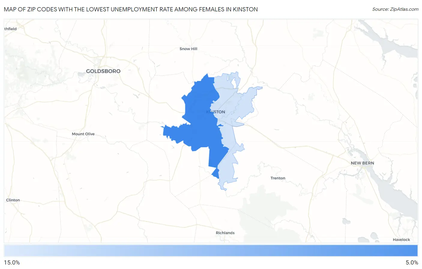Zip Codes with the Lowest Unemployment Rate Among Females in Kinston Map