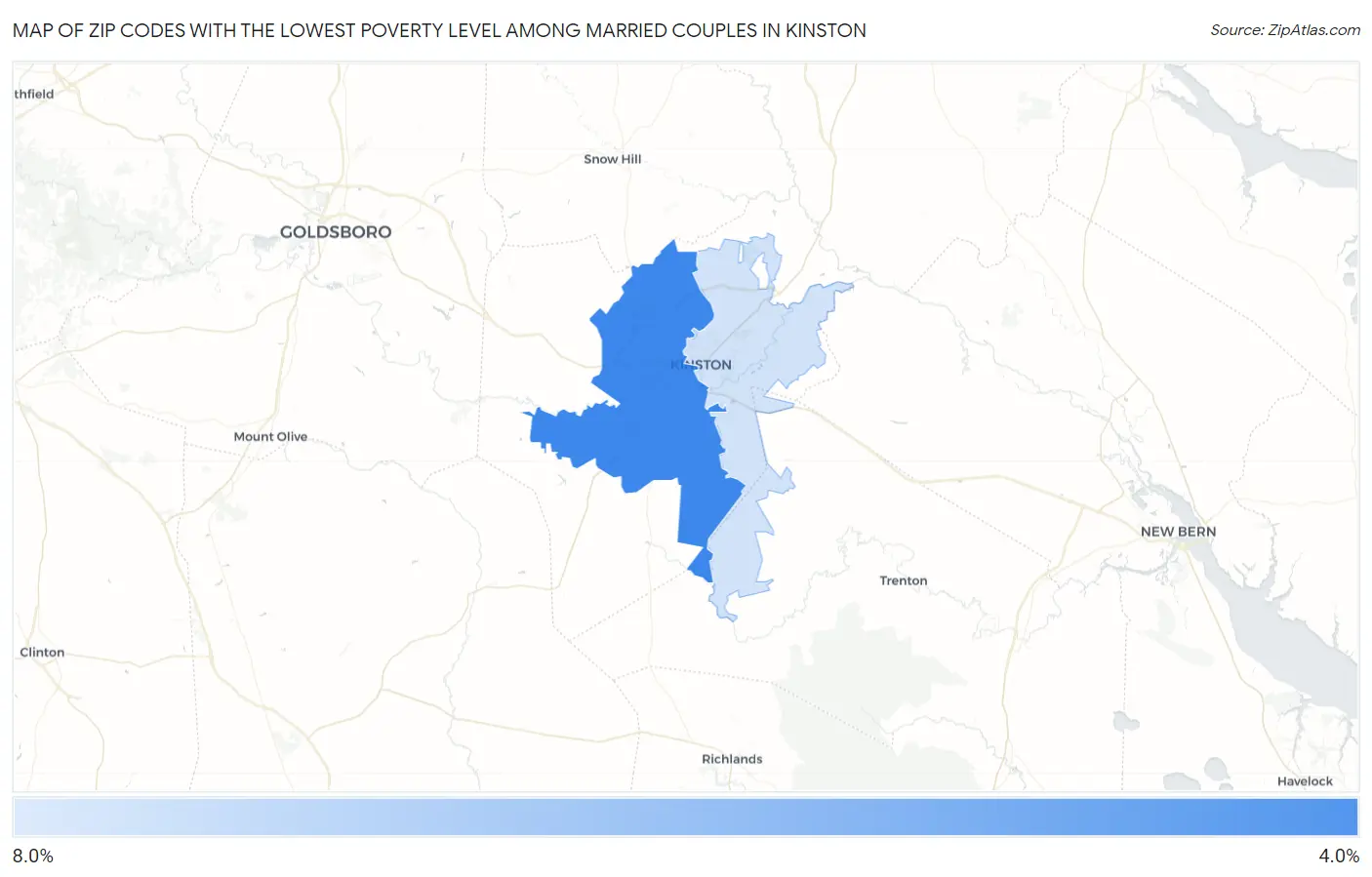 Zip Codes with the Lowest Poverty Level Among Married Couples in Kinston Map