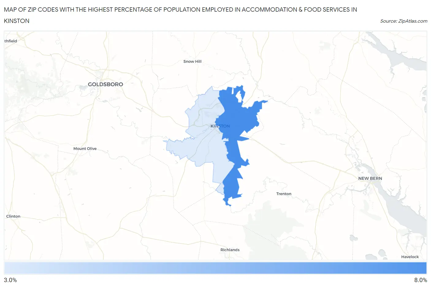 Zip Codes with the Highest Percentage of Population Employed in Accommodation & Food Services in Kinston Map