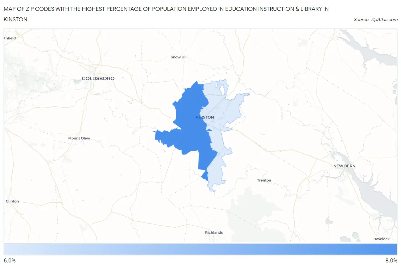 Zip Codes with the Highest Percentage of Population Employed in Education Instruction & Library in Kinston Map