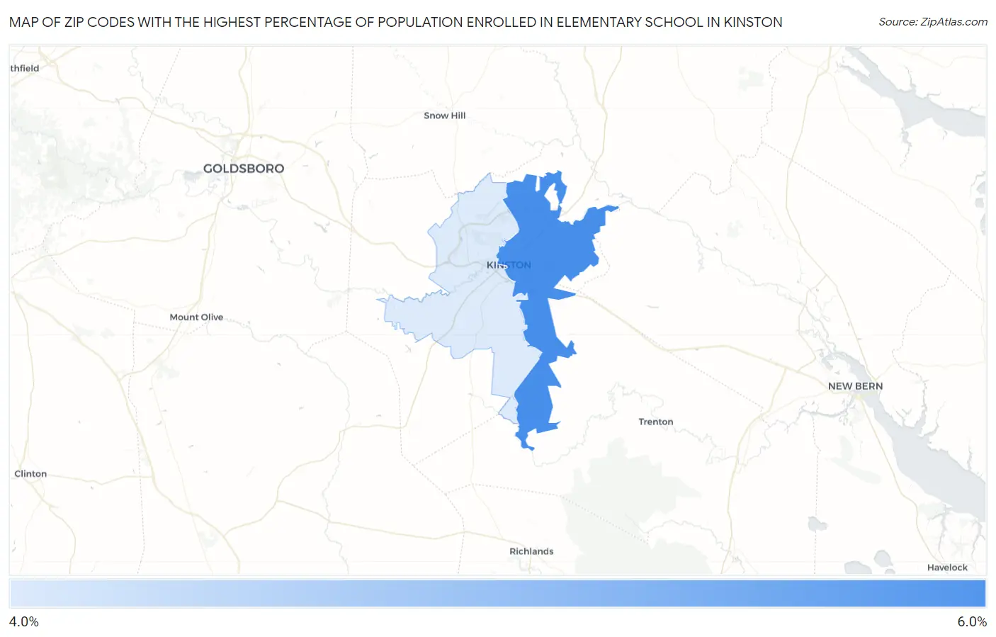 Zip Codes with the Highest Percentage of Population Enrolled in Elementary School in Kinston Map