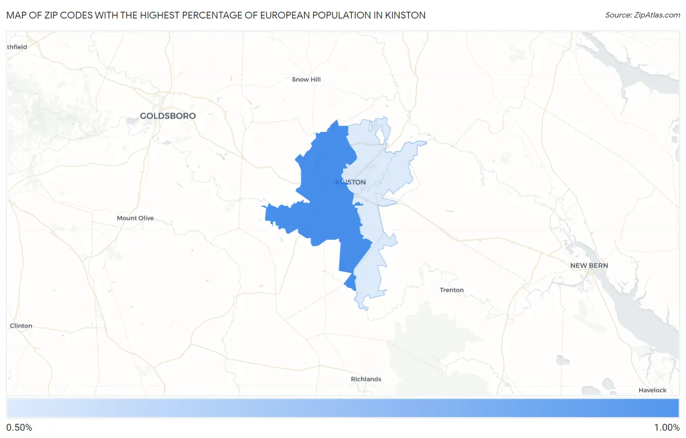 Zip Codes with the Highest Percentage of European Population in Kinston Map