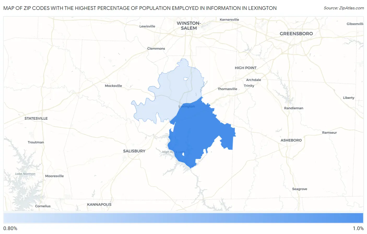 Zip Codes with the Highest Percentage of Population Employed in Information in Lexington Map
