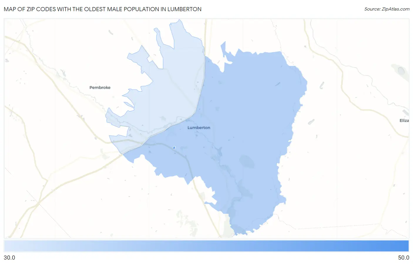 Zip Codes with the Oldest Male Population in Lumberton Map