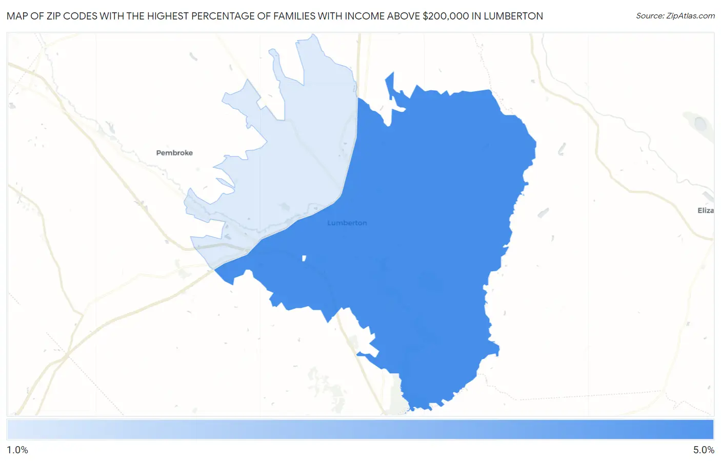 Zip Codes with the Highest Percentage of Families with Income Above $200,000 in Lumberton Map