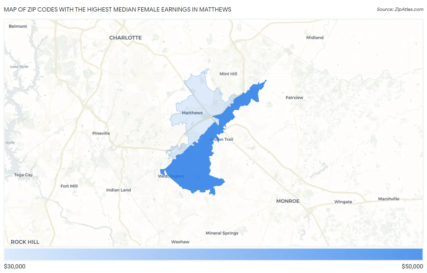 Zip Codes with the Highest Median Female Earnings in Matthews Map