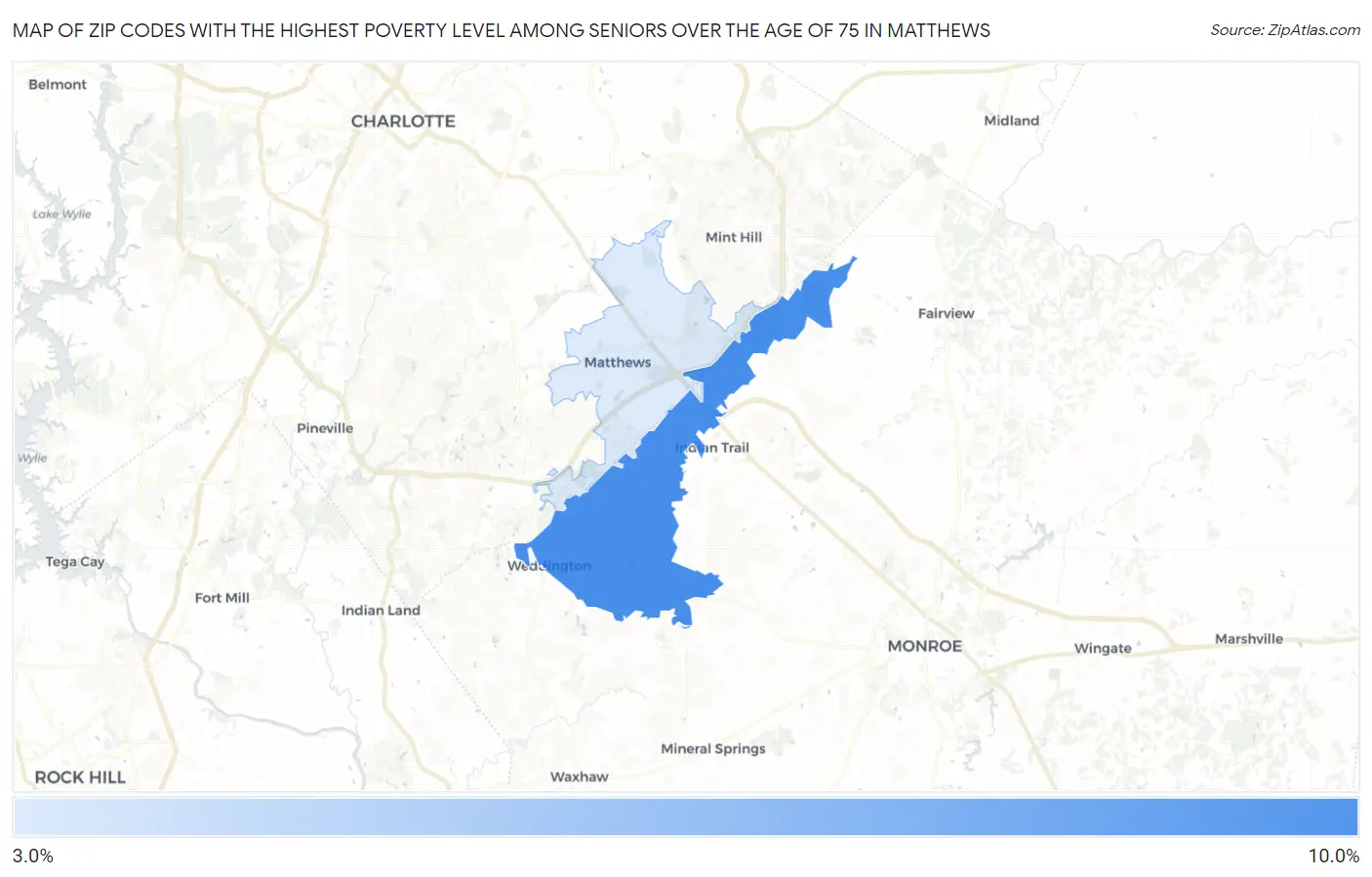 Zip Codes with the Highest Poverty Level Among Seniors Over the Age of 75 in Matthews Map
