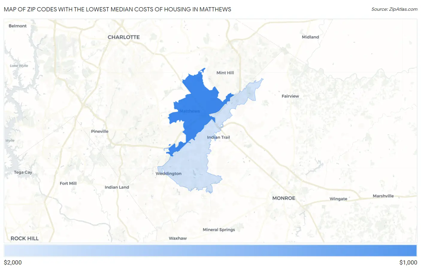 Zip Codes with the Lowest Median Costs of Housing in Matthews Map
