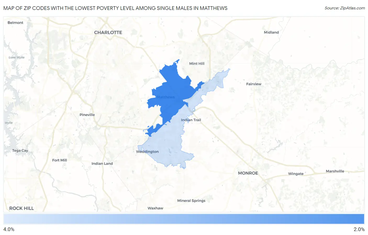 Zip Codes with the Lowest Poverty Level Among Single Males in Matthews Map