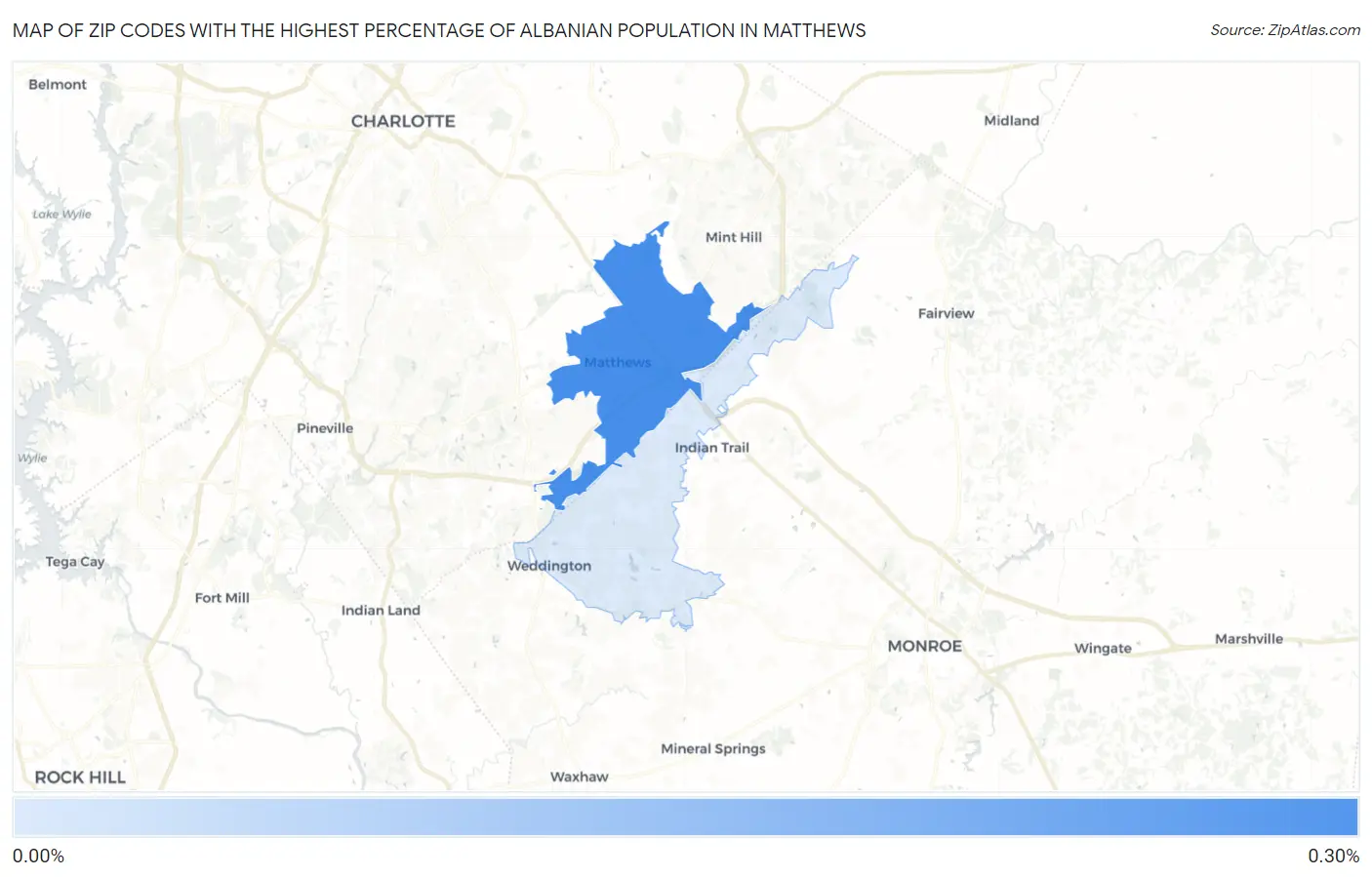 Zip Codes with the Highest Percentage of Albanian Population in Matthews Map