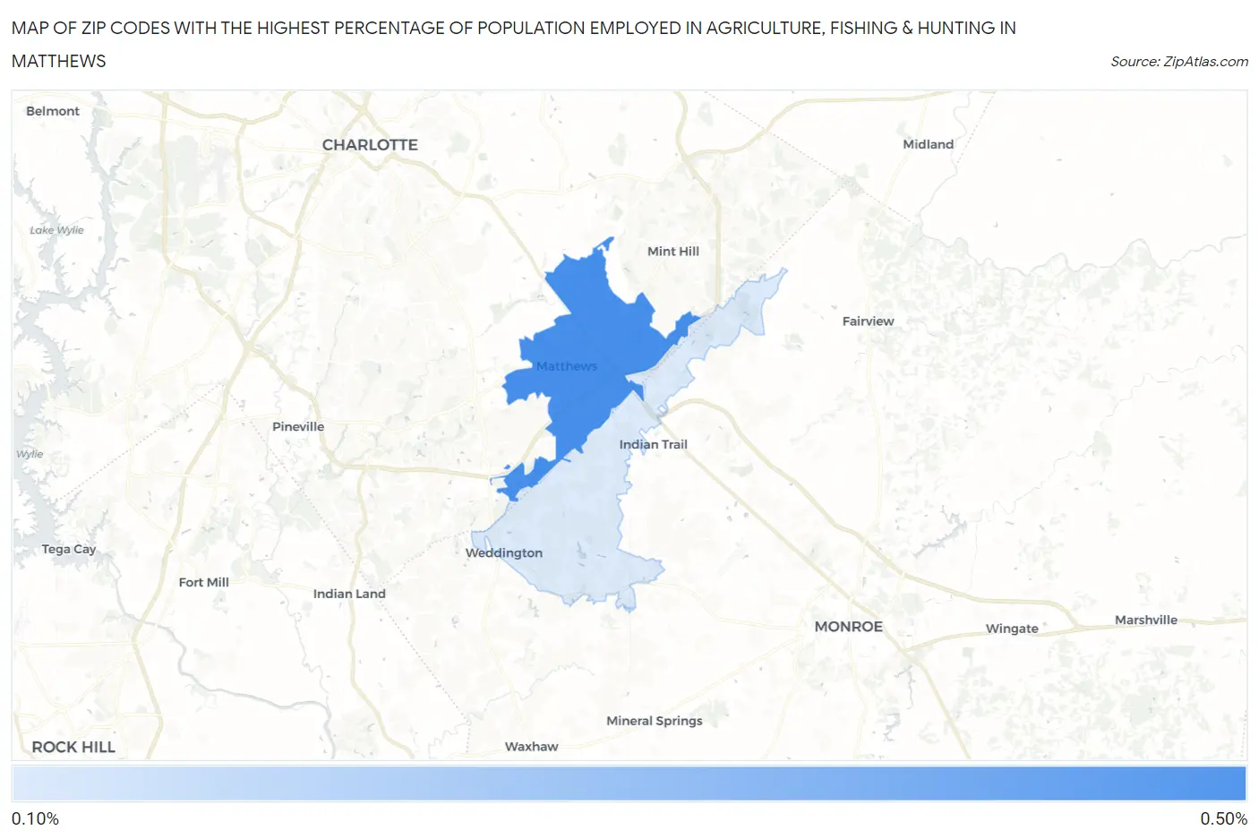 Zip Codes with the Highest Percentage of Population Employed in Agriculture, Fishing & Hunting in Matthews Map