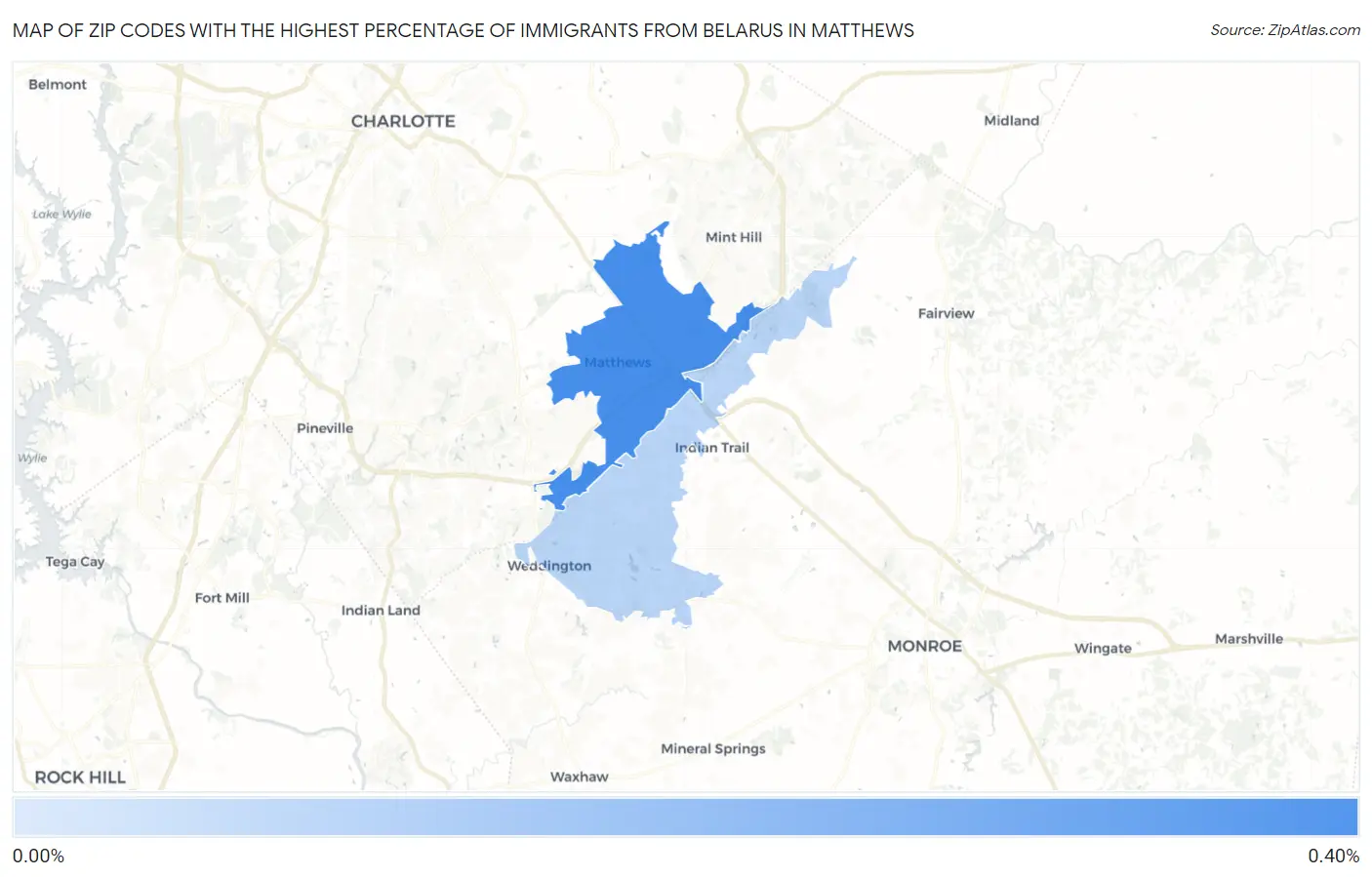 Zip Codes with the Highest Percentage of Immigrants from Belarus in Matthews Map