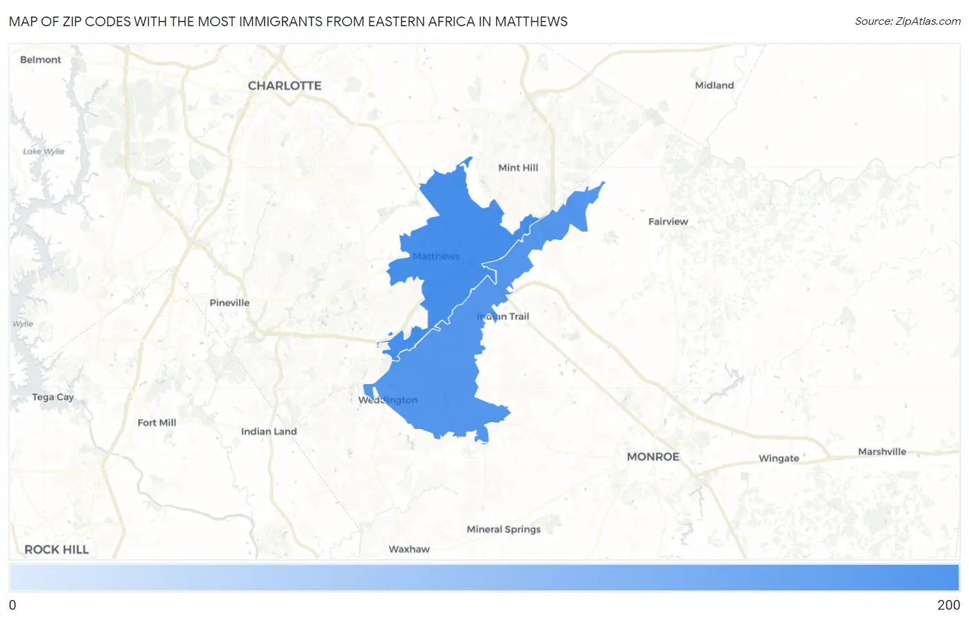 Zip Codes with the Most Immigrants from Eastern Africa in Matthews Map