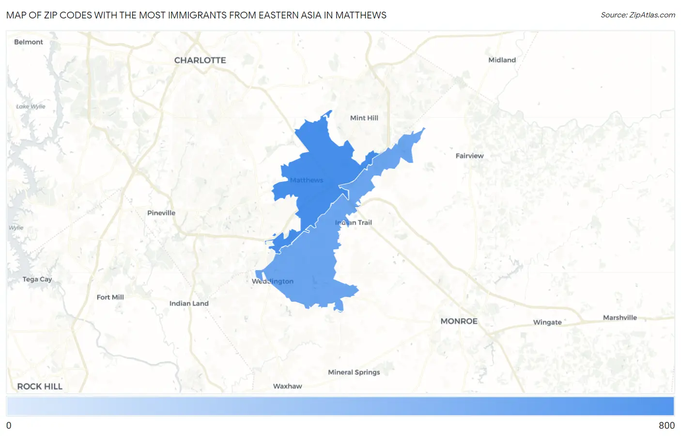 Zip Codes with the Most Immigrants from Eastern Asia in Matthews Map
