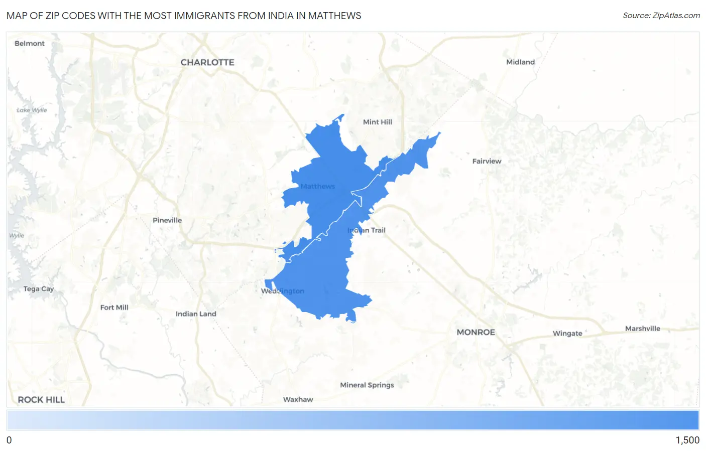 Zip Codes with the Most Immigrants from India in Matthews Map