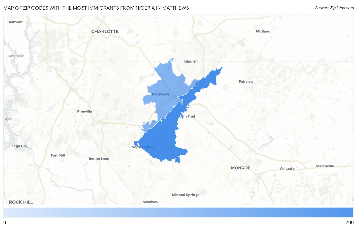 Zip Codes with the Most Immigrants from Nigeria in Matthews Map