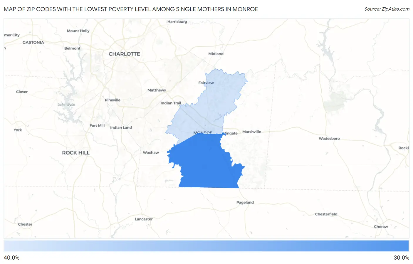 Zip Codes with the Lowest Poverty Level Among Single Mothers in Monroe Map