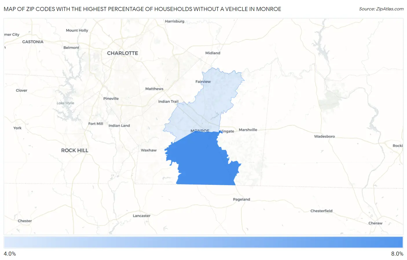 Zip Codes with the Highest Percentage of Households Without a Vehicle in Monroe Map