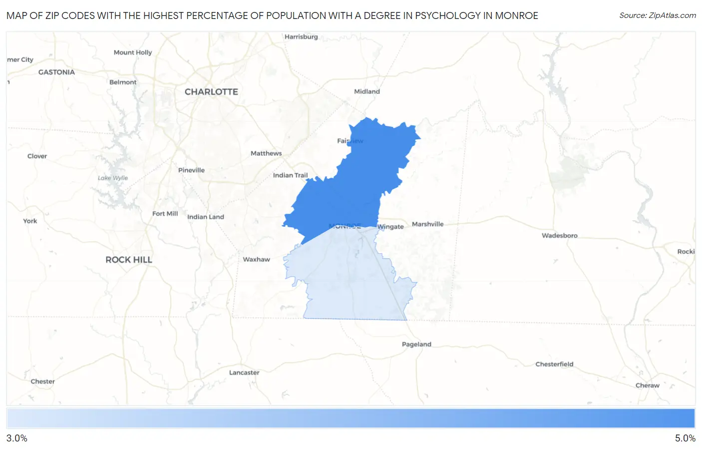 Zip Codes with the Highest Percentage of Population with a Degree in Psychology in Monroe Map