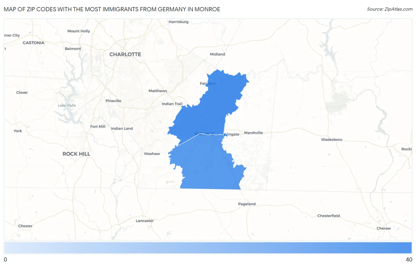 Zip Codes with the Most Immigrants from Germany in Monroe Map