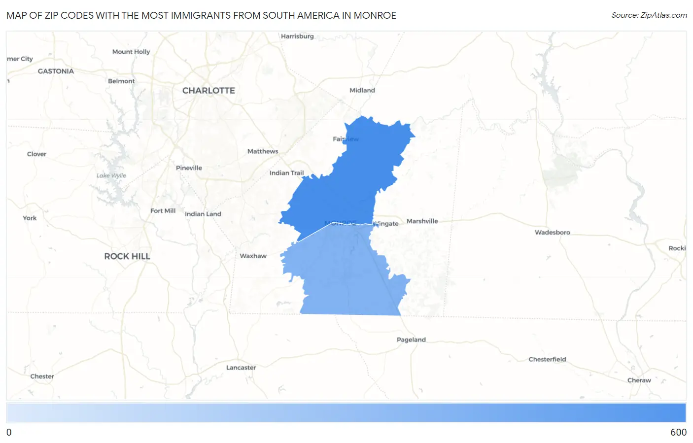 Zip Codes with the Most Immigrants from South America in Monroe Map