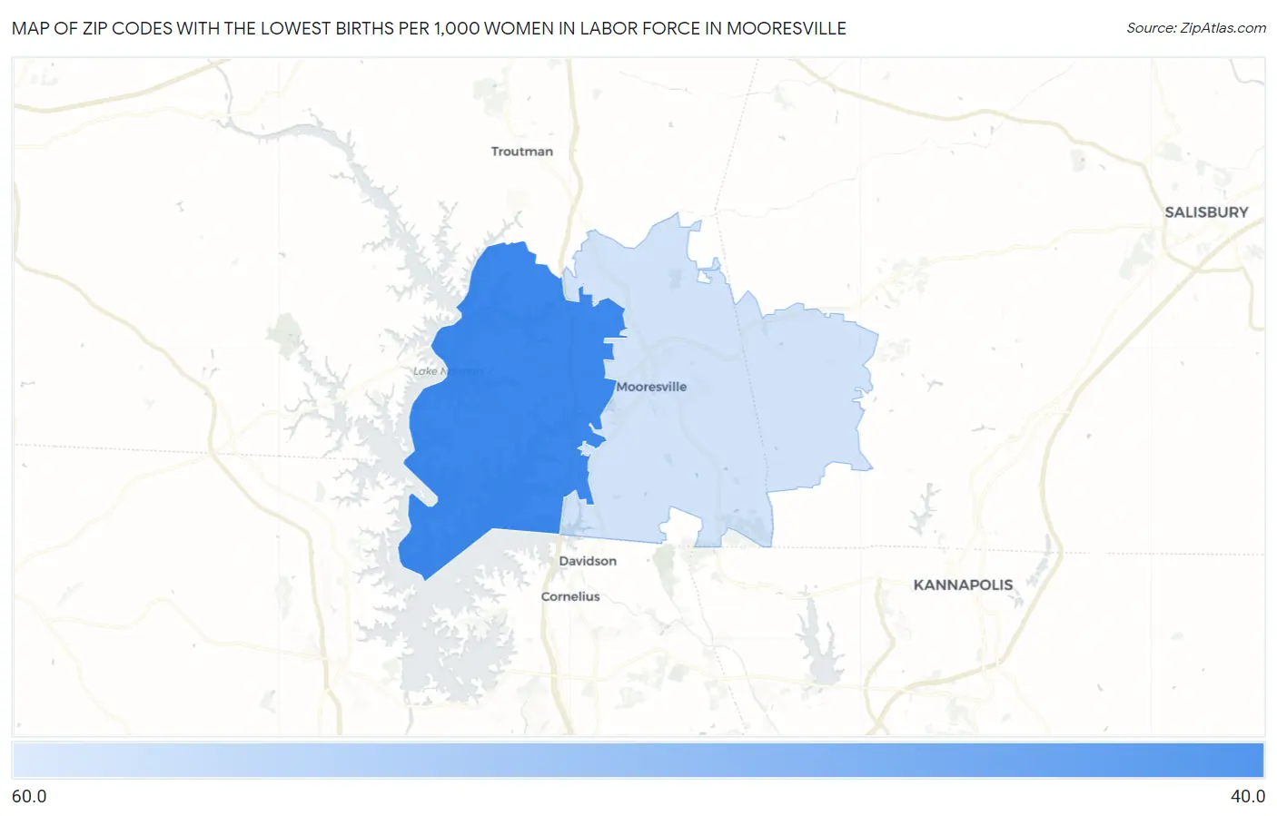 Zip Codes with the Lowest Births per 1,000 Women in Labor Force in Mooresville Map