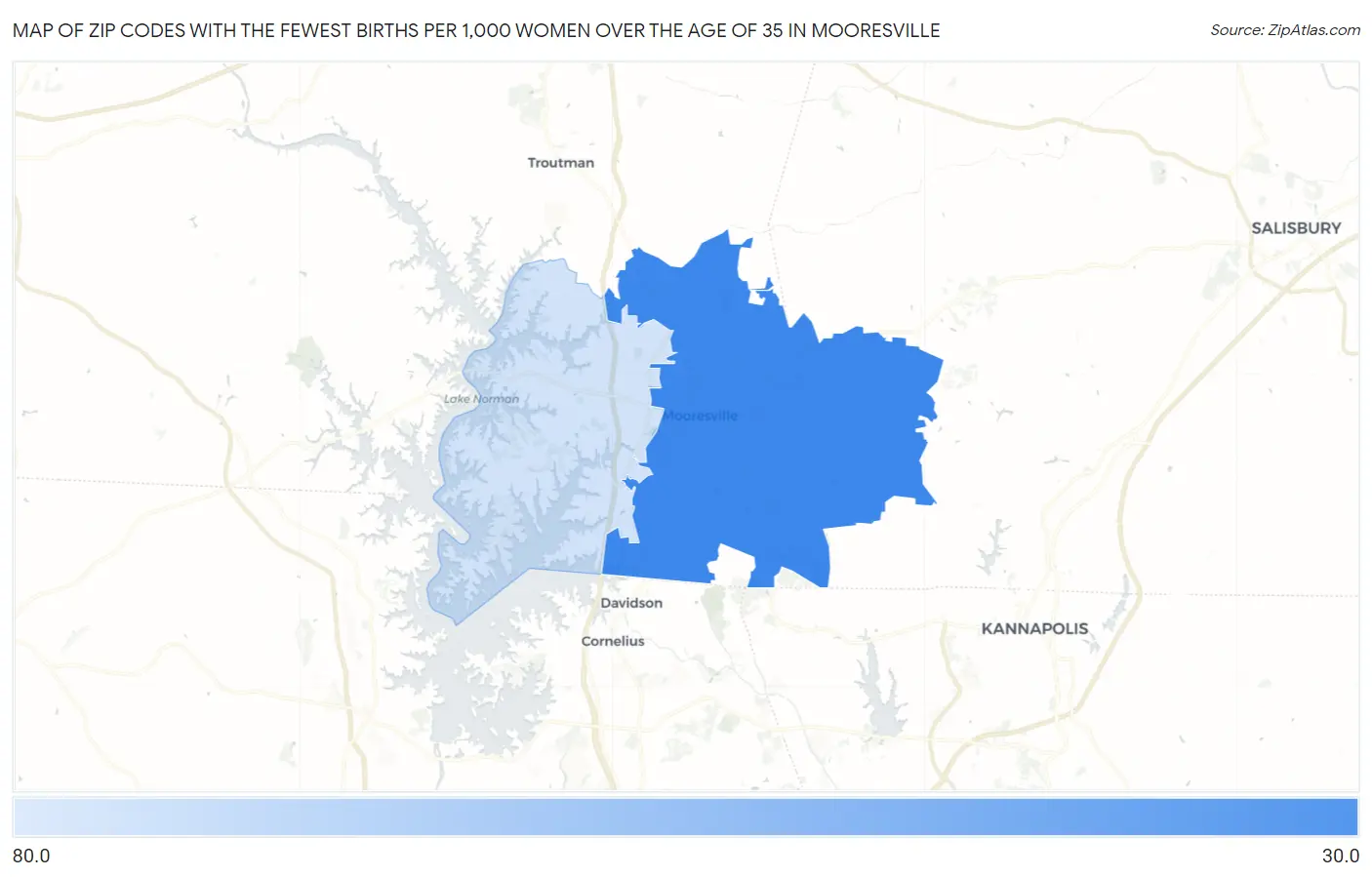 Zip Codes with the Fewest Births per 1,000 Women Over the Age of 35 in Mooresville Map