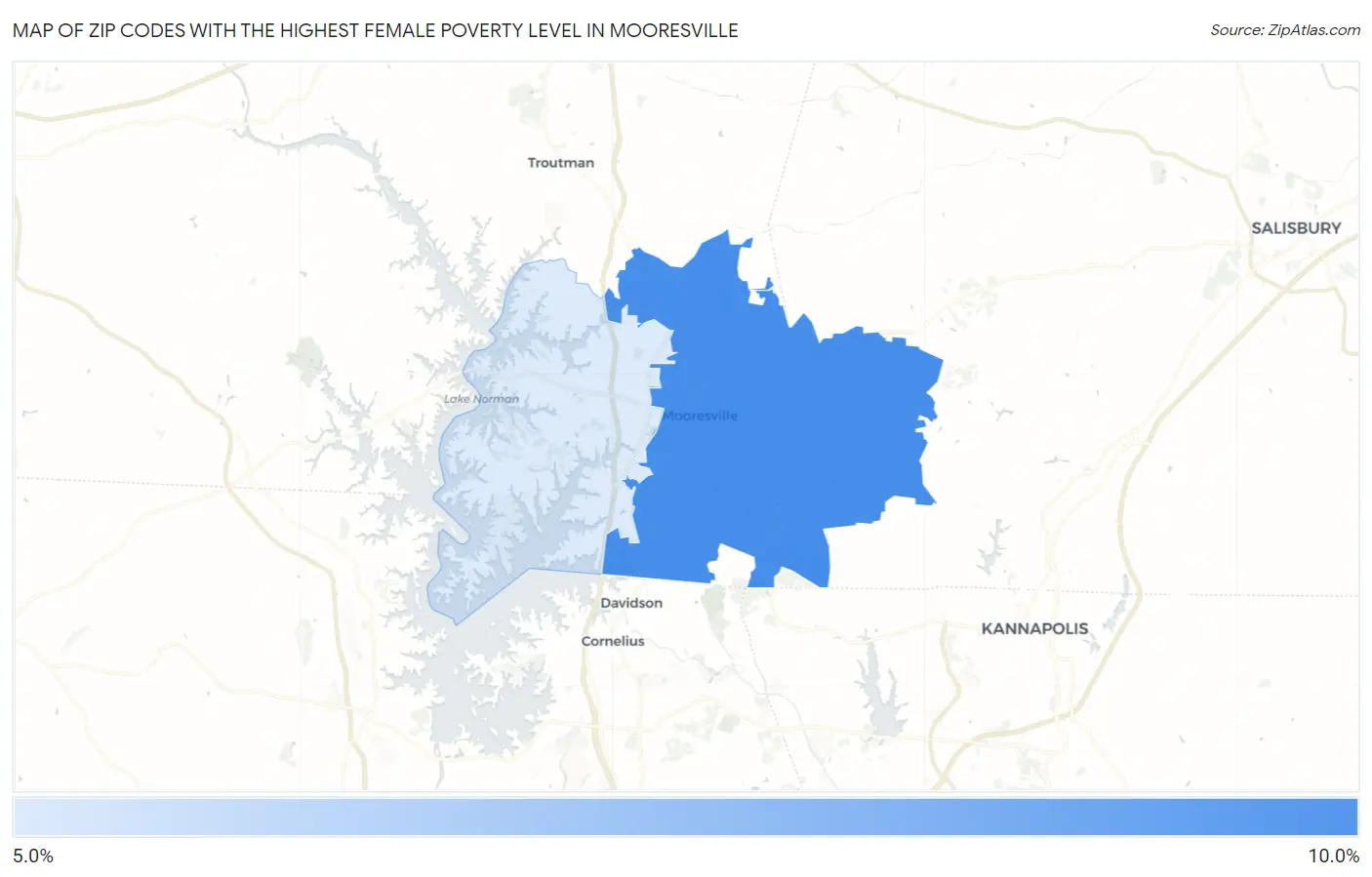 Zip Codes with the Highest Female Poverty Level in Mooresville Map