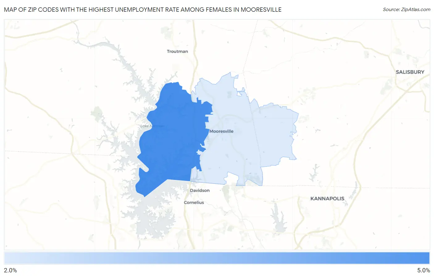 Zip Codes with the Highest Unemployment Rate Among Females in Mooresville Map