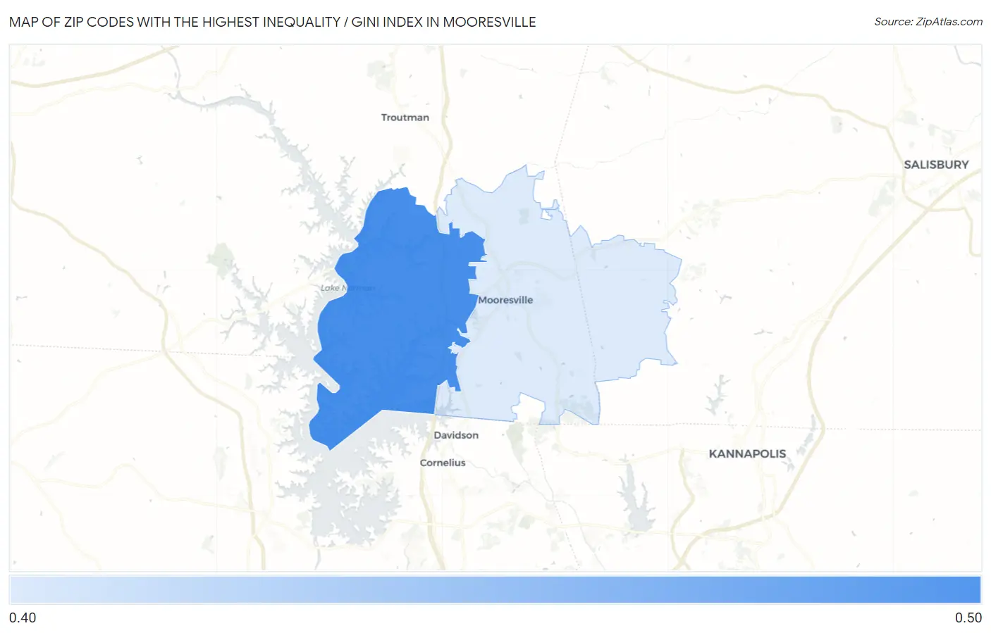 Zip Codes with the Highest Inequality / Gini Index in Mooresville Map