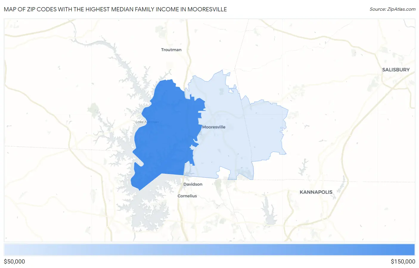 Zip Codes with the Highest Median Family Income in Mooresville Map