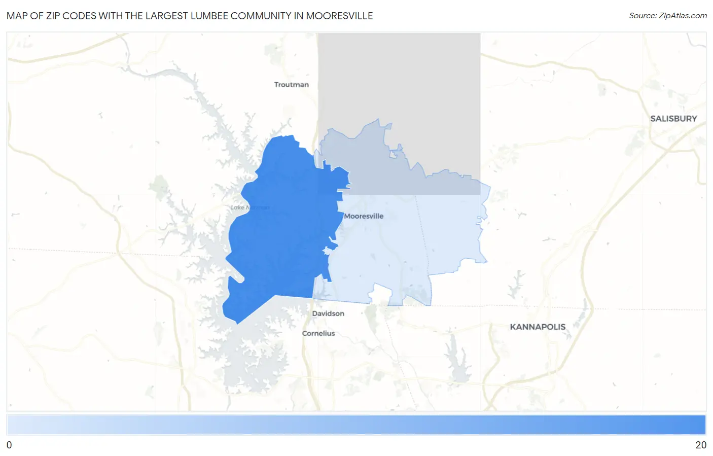 Zip Codes with the Largest Lumbee Community in Mooresville Map