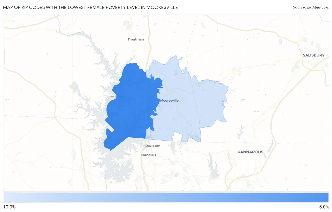 Zip Codes with the Lowest Female Poverty Level in Mooresville Map