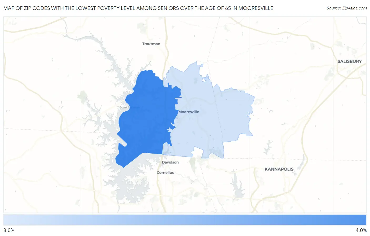 Zip Codes with the Lowest Poverty Level Among Seniors Over the Age of 65 in Mooresville Map