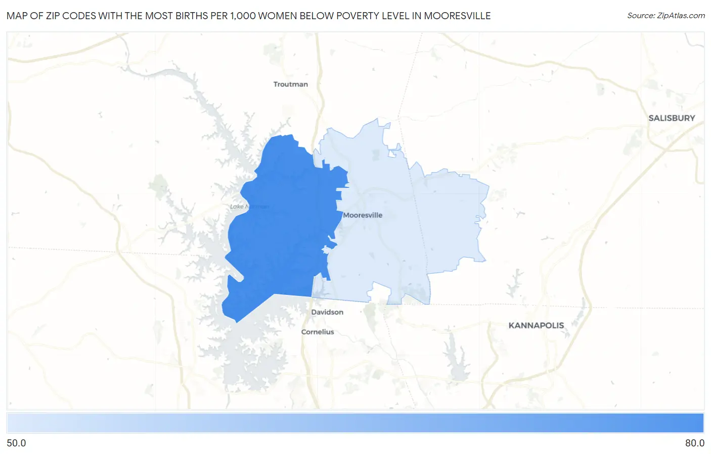 Zip Codes with the Most Births per 1,000 Women Below Poverty Level in Mooresville Map