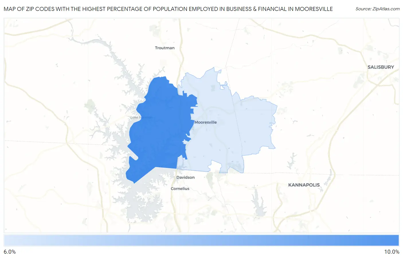 Zip Codes with the Highest Percentage of Population Employed in Business & Financial in Mooresville Map