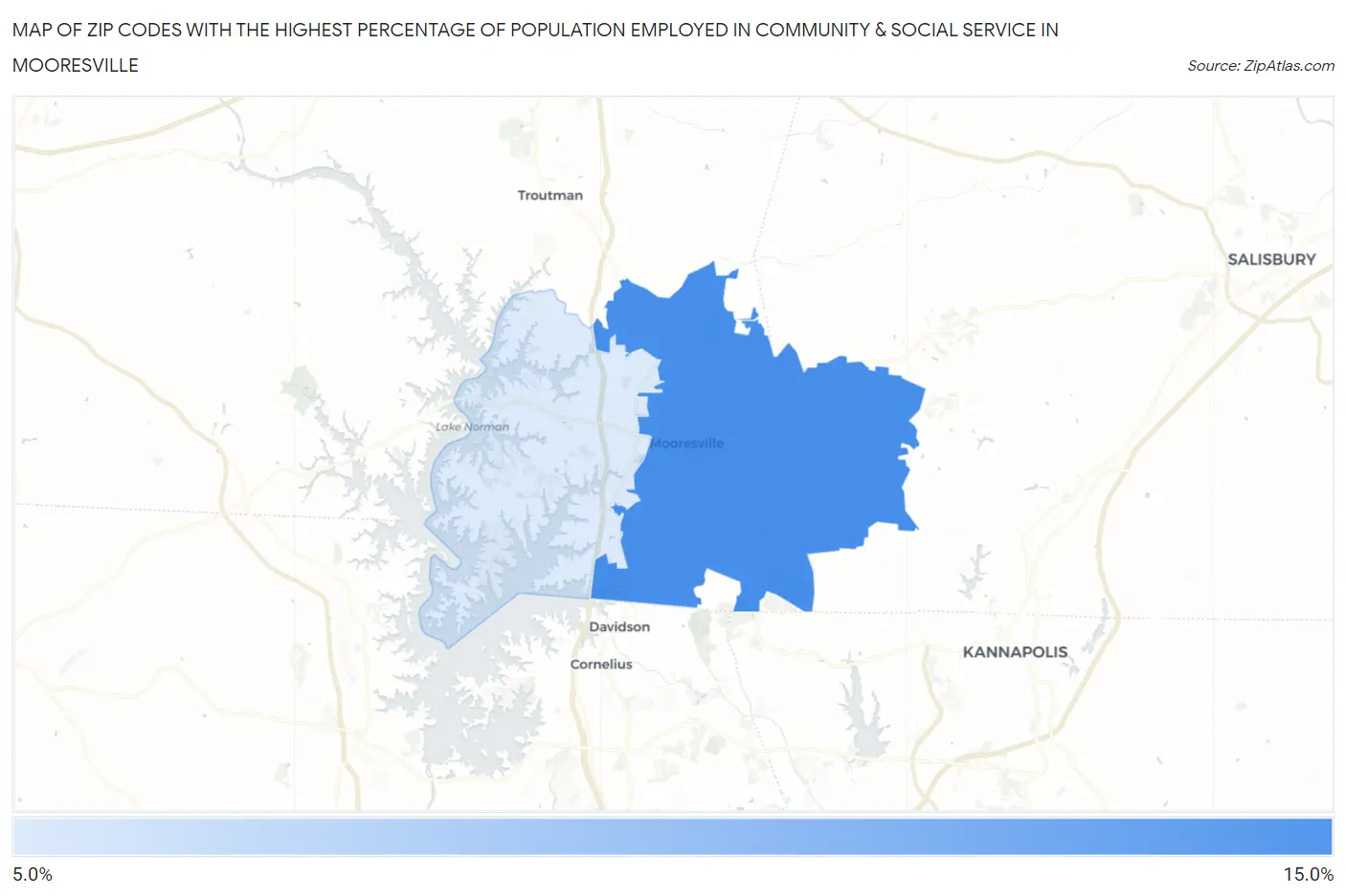 Zip Codes with the Highest Percentage of Population Employed in Community & Social Service  in Mooresville Map