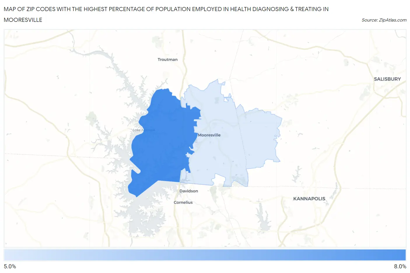 Zip Codes with the Highest Percentage of Population Employed in Health Diagnosing & Treating in Mooresville Map