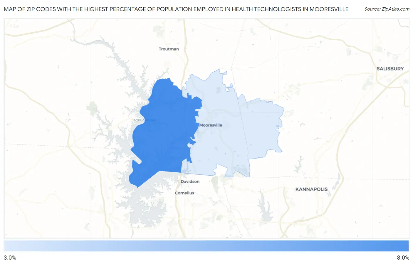 Zip Codes with the Highest Percentage of Population Employed in Health Technologists in Mooresville Map