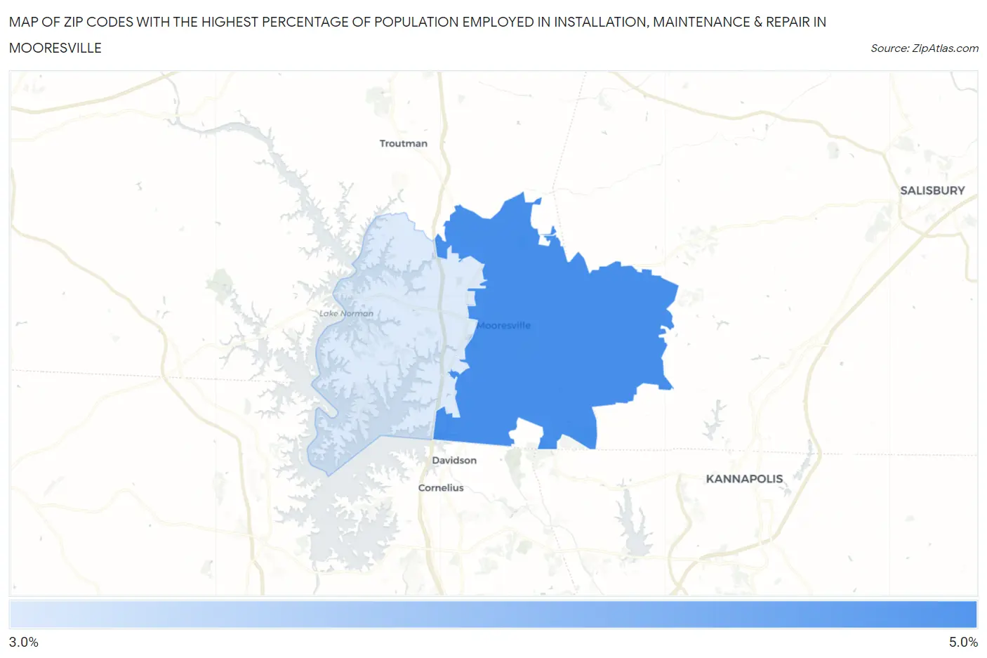 Zip Codes with the Highest Percentage of Population Employed in Installation, Maintenance & Repair in Mooresville Map
