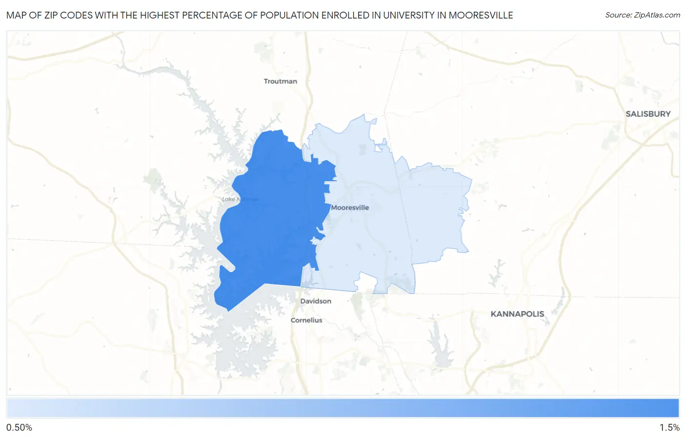 Zip Codes with the Highest Percentage of Population Enrolled in University in Mooresville Map