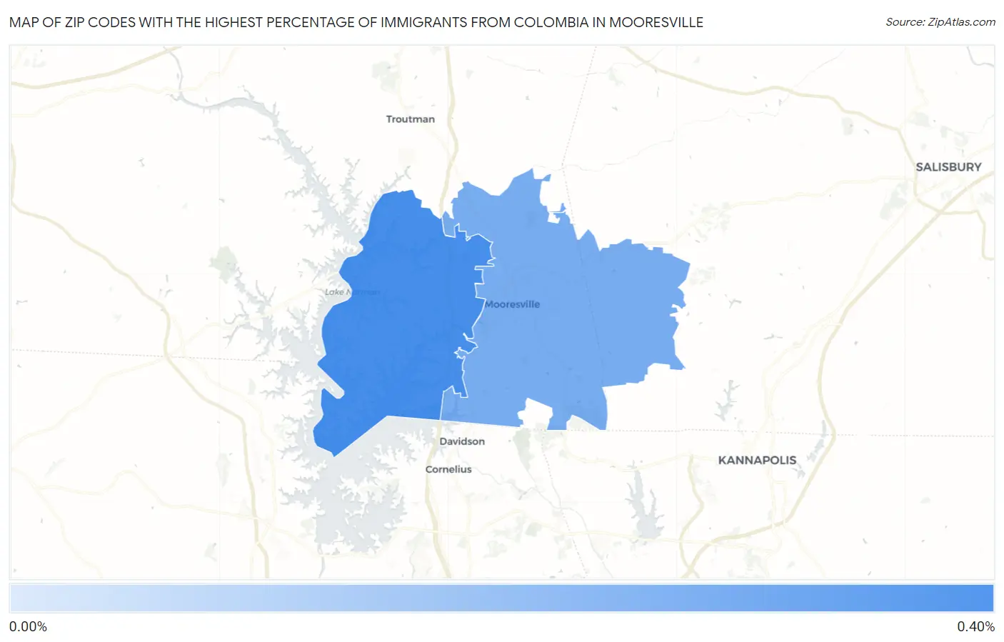 Zip Codes with the Highest Percentage of Immigrants from Colombia in Mooresville Map
