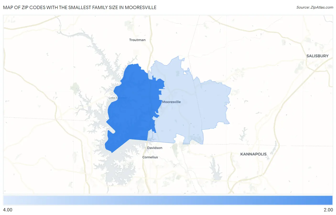 Zip Codes with the Smallest Family Size in Mooresville Map