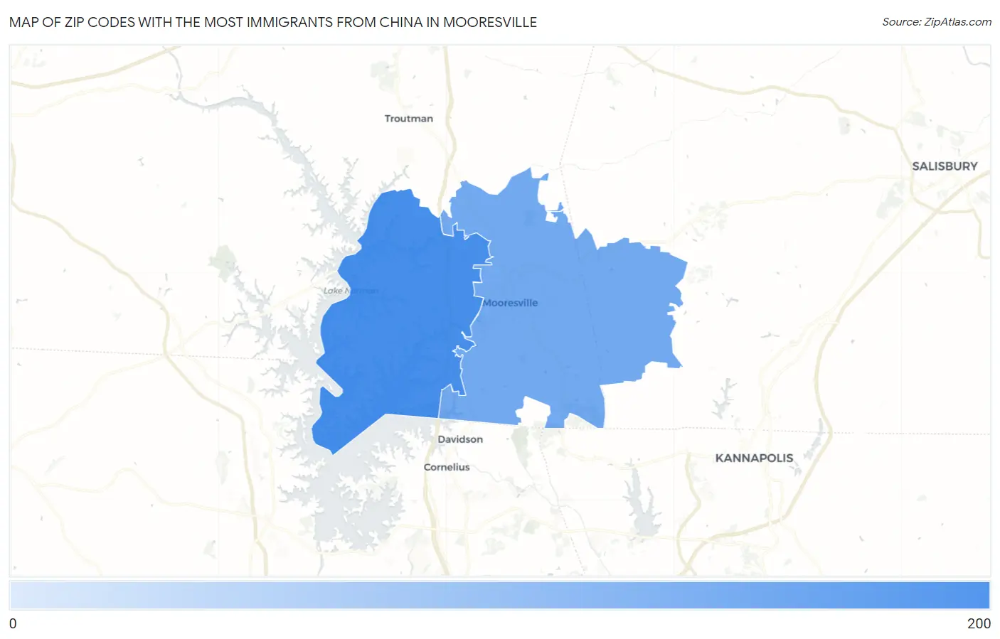 Zip Codes with the Most Immigrants from China in Mooresville Map