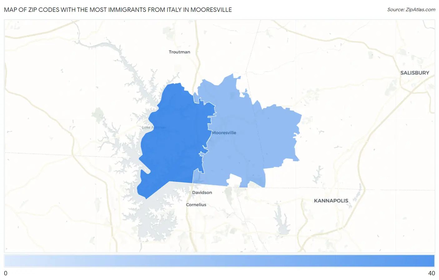 Zip Codes with the Most Immigrants from Italy in Mooresville Map