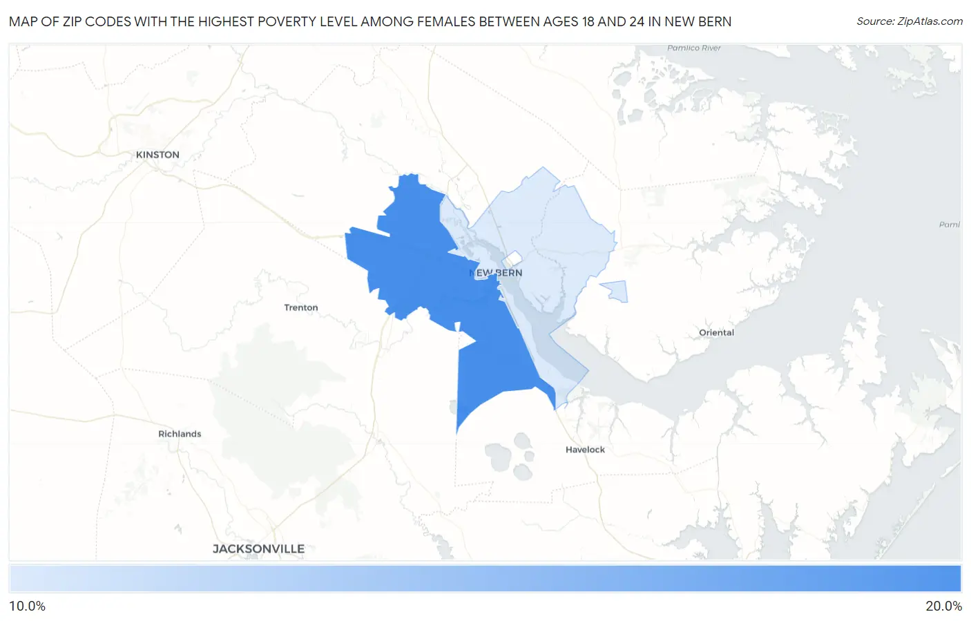 Zip Codes with the Highest Poverty Level Among Females Between Ages 18 and 24 in New Bern Map
