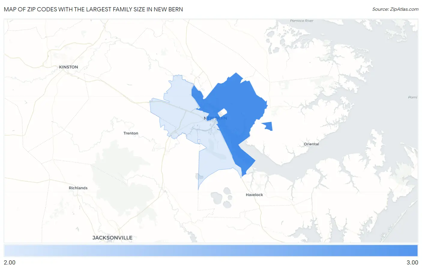 Zip Codes with the Largest Family Size in New Bern Map